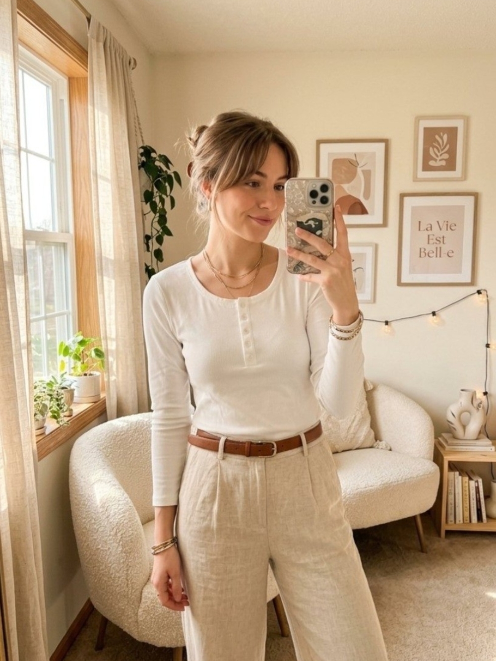 Women’s White Long-Sleeve Henley Tee